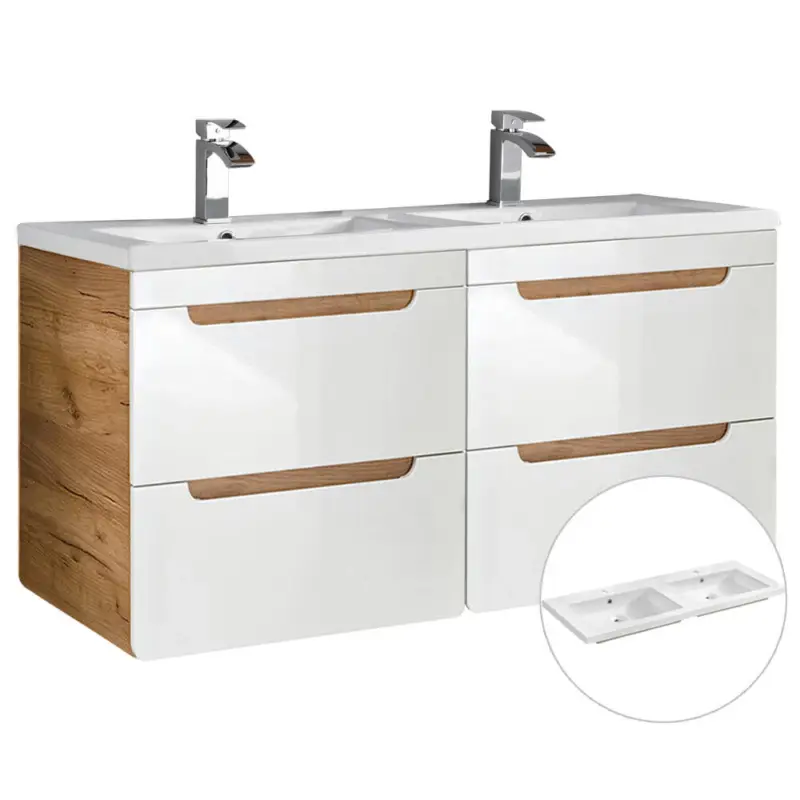 Highlight Doppel-Waschtischunterschrank 120 cm mit Keramikbecken LUTON-56 Hochglanz weiß mit Wotan Eiche Nb. B/H/T ca. 121/63/46 cm
