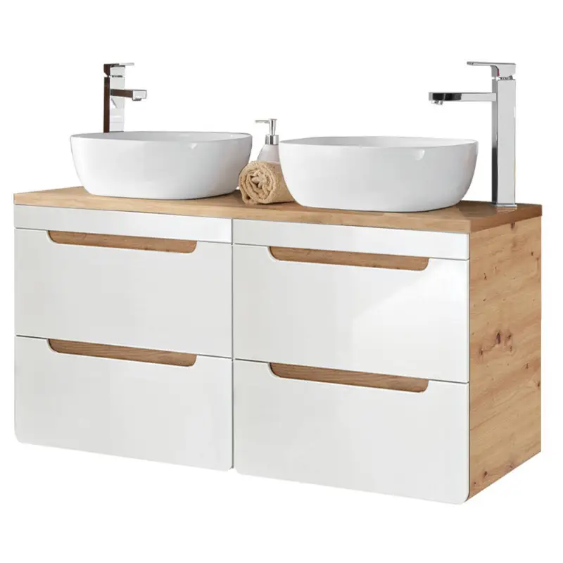 Doppel-Waschtischunterschrank 120 cm mit 42 cm Keramibecken LUTON-56 Hochglanz weiß mit Wotan Eiche Nb. B/H/T ca. 121/76,5/46 cm Top-Preis