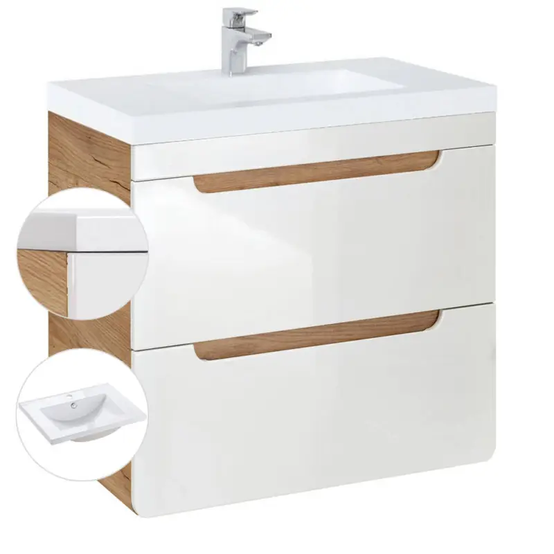 Zertifiziert Waschtischunterschrank 61 cm mit Keramikbecken LUTON-56 Hochglanz weiß mit Wotan Eiche Nb. B/H/T ca. 61/63/46 cm