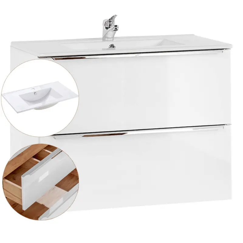 Markenware Waschtisch-Unterschrank 80cm mit Keramik-Waschbecken TOSKANA-56 Hochglanz weiß, B/H/T ca. 81/58,5/46 cm