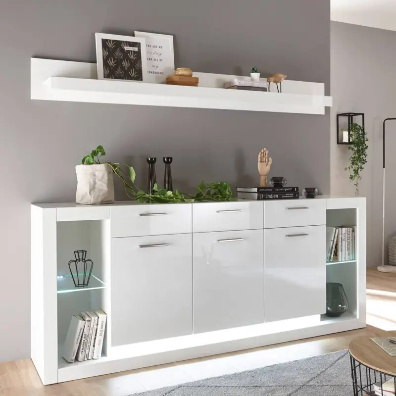 Sonderangebot Modernes Design Sideboard & Wandboard Set MAILAND-61 in Hochglanz weiß inkl. LED-Beleuchtung, B/H/T: 198/123/43cm