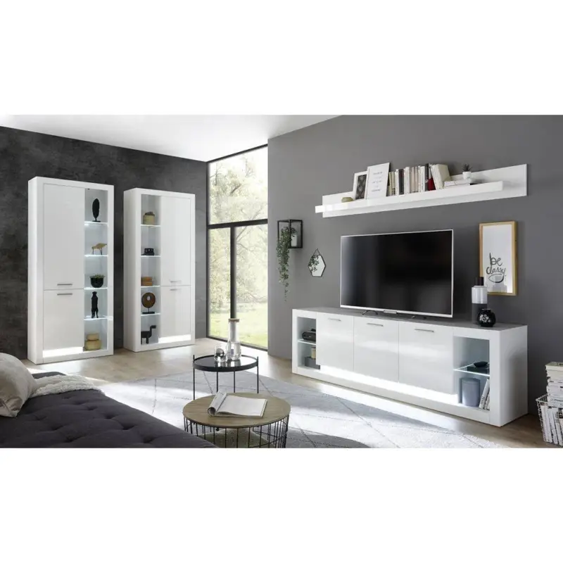 Wohnwand Set im zeitlosen Design MAILAND-61 Hochglanz weiß, LED-Beleuchtung, B/H/T: 358/198/37-43cm Begrenztes Angebot