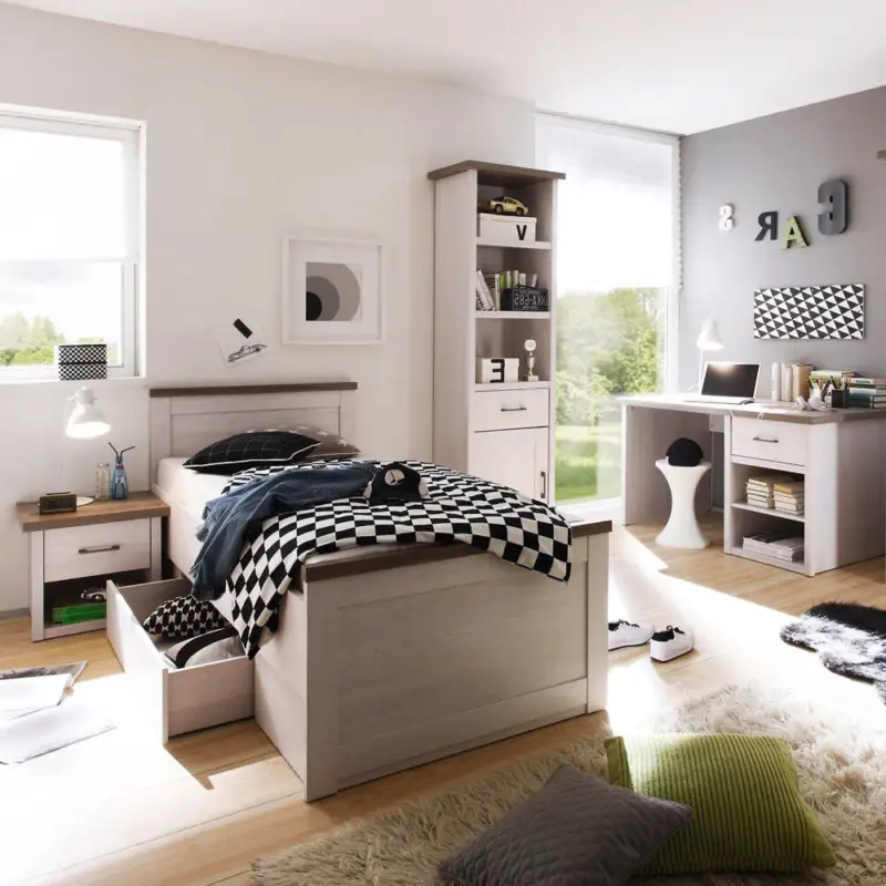 Abverkauf Jugendzimmer Kombination LUND-78 im Landhaus Design in Pinie weiß Nb./Trüffel Eiche Nb.