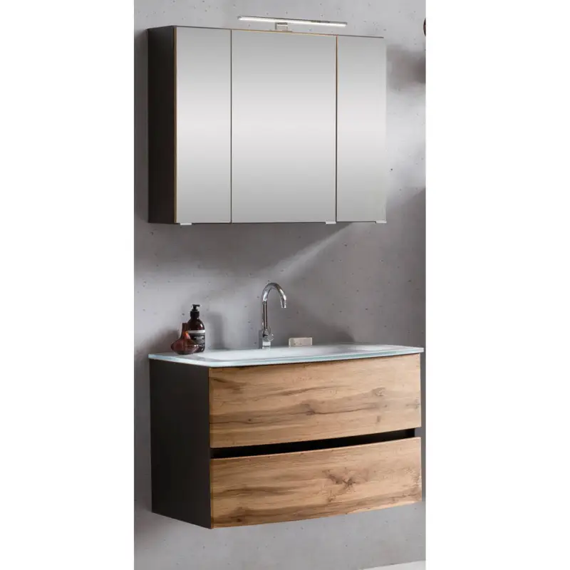 Angebot Badezimmer Waschtisch Set in Graphitgrau mit Wotaneiche Nb. LAURIA-03 mit Spiegelschrank 80 cm inkl. Beleuchtung, BxHxT: ca. 80x200x49 cm