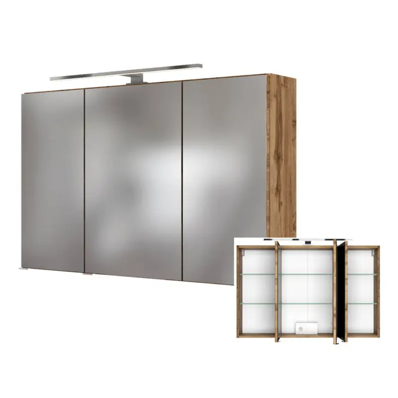 Zertifiziert Badezimmer Spiegelschrank 3D LOUROSA-03 mit Beleuchtung in Wotaneiche Nb., B/H/T: ca. 100/66/20 cm