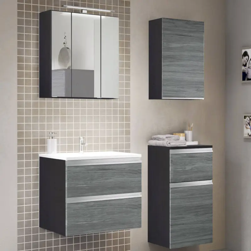 Waschplatz Set mit Mineralgussbecken APIA-03 in Graphitgrau mit Eiche rauchsilber, B/H/T: 120/200/47cm Knallerangebot