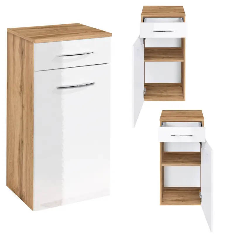 Günstig Badezimmer Unterschrank mit Schubkasten & Tür FLORIDO-03-OAK weiß Hochglanz mit Wotaneiche, B/H/T: ca. 40/79/35cm