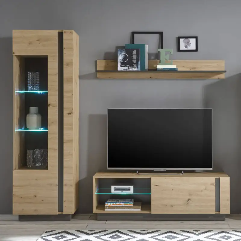 Kleine TV-Wohnwand mit LED-Beleuchtung CARDIFF-61 in Eiche Artisan Nb. mit Absetzungen in Graphit grau, B/H/T: ca. 208/194/40 cm Top-Preis