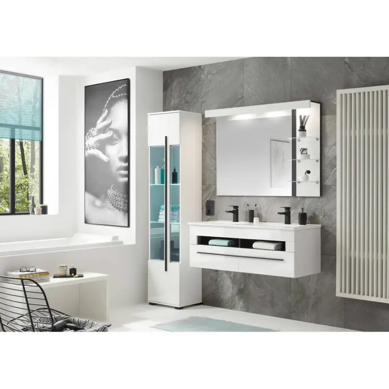 Markenware Badezimmer Set 3-teilig CHARLESTON-61 mit Doppelwaschbecken und Beleuchtung in Hochglanz weiß, B/H/T: ca. 175/200/45 cm
