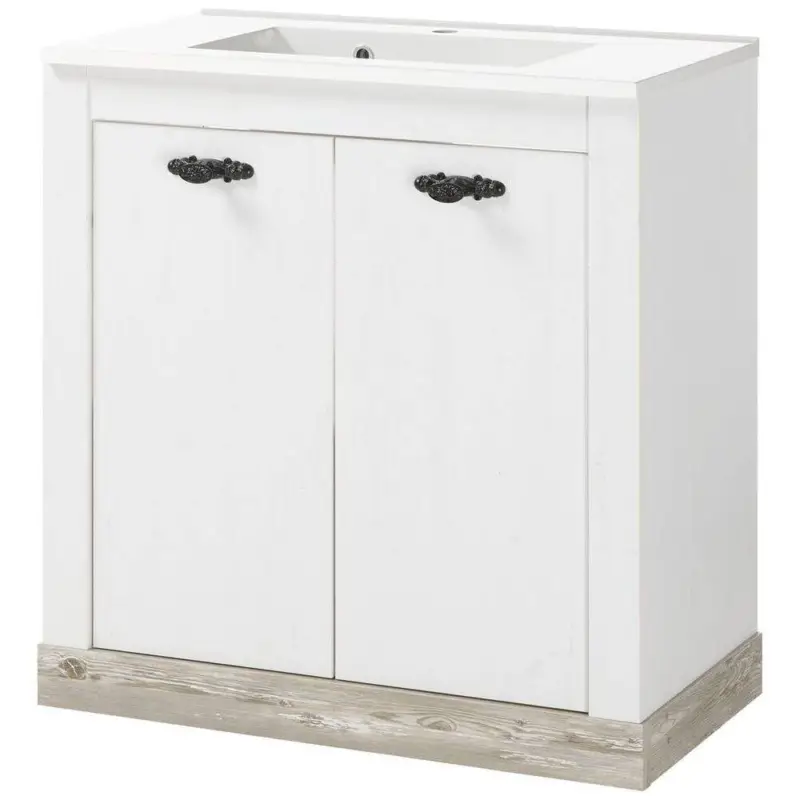 Sichere Zahlung Badezimmer Waschtisch inkl. Mineralgussbecken FERNA-61 in Pinie weiß Nb. mit Absetzung in Pinie dunkel Nb., B/H/T: ca. 81/85/46 cm