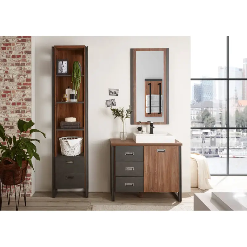 Badezimmer Set DALLAS-61 in Stirling Oak Nb. mit Absetzungen in Matera anthrazit inkl. Mineralgussbecken, B/H/T: ca. 160/205/40 cm Meistverkauft