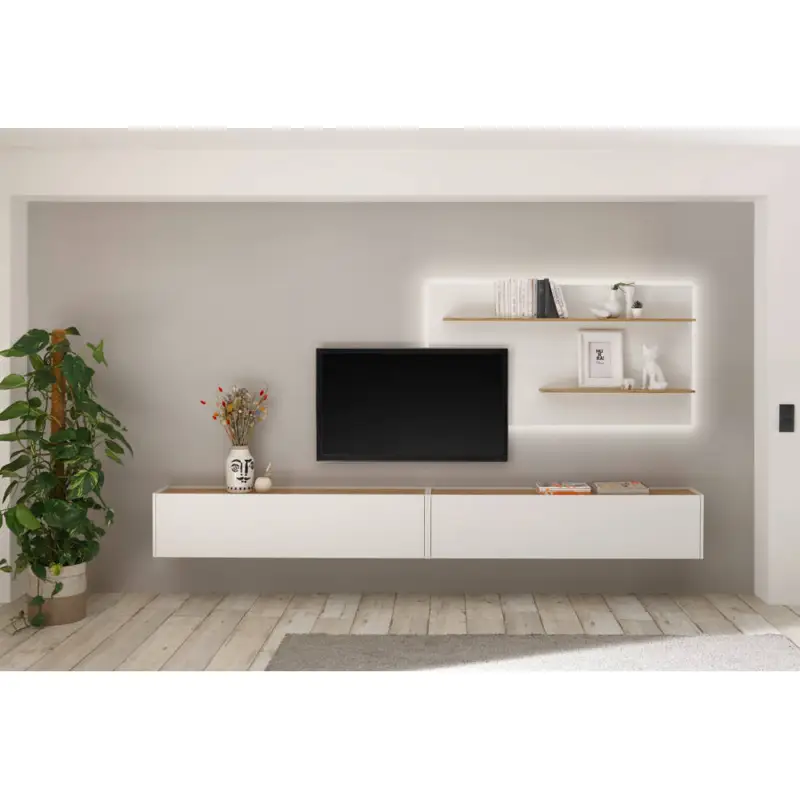 Zertifiziert Mediawand hängend CRISP-61 inkl. Beleuchtung in weiß mit Absetzungen in Wotan Eiche Nb., B/H/T: ca. 300/180/30 cm