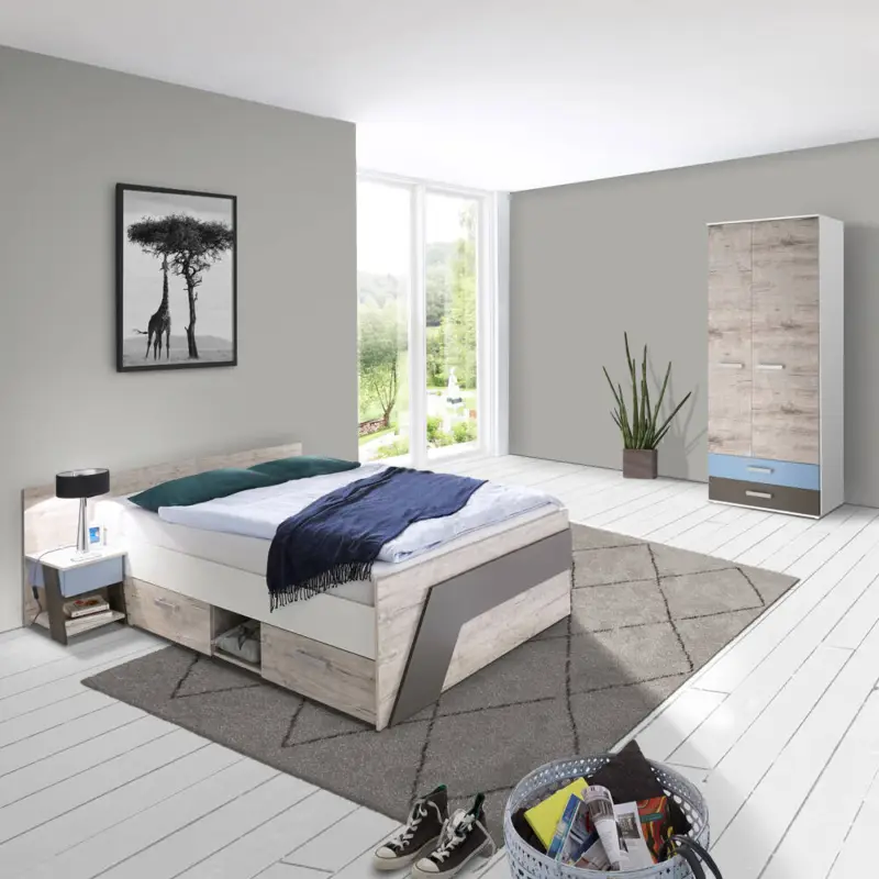 Zertifiziert Jugendzimmer Set mit 140x200cm Bett LEEDS-10 in Sandeiche Nachbildung mit weiß, Lava und Denim Blau