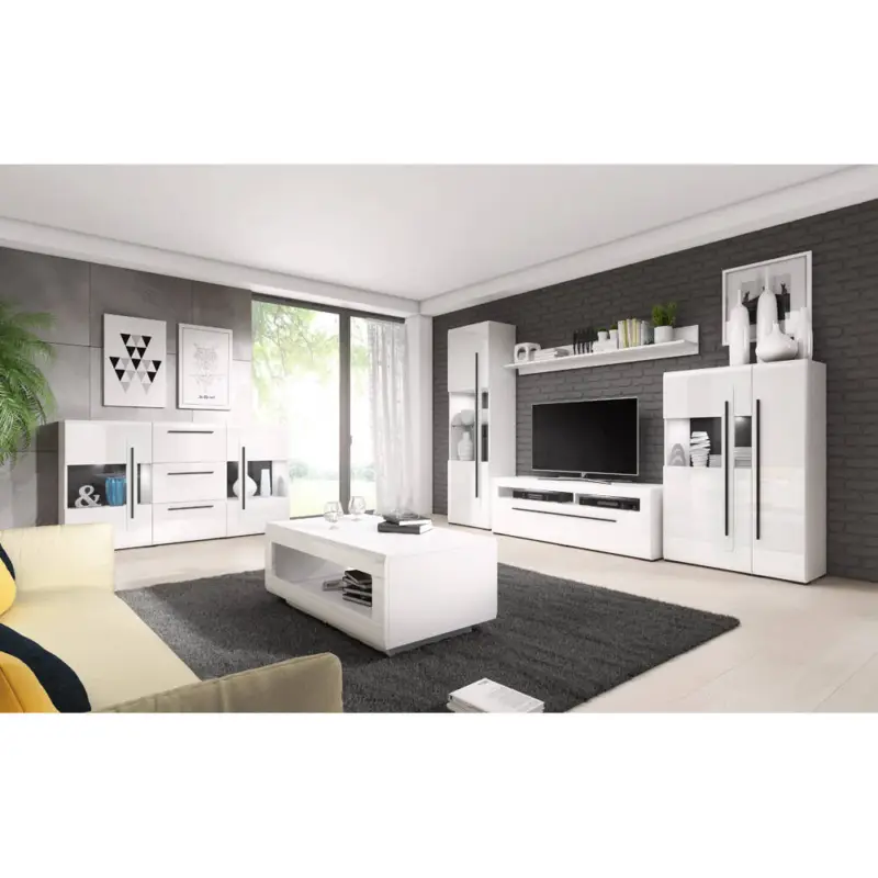 Wohnzimmer Set inkl. Wohnwand Sideboard Couchtisch und Beleuchtung TURDA-83 in Hochglanz weiß mit Absetzungen in schwarz, B/H/T: ca. 320/204/50 cm Sichere Zahlung