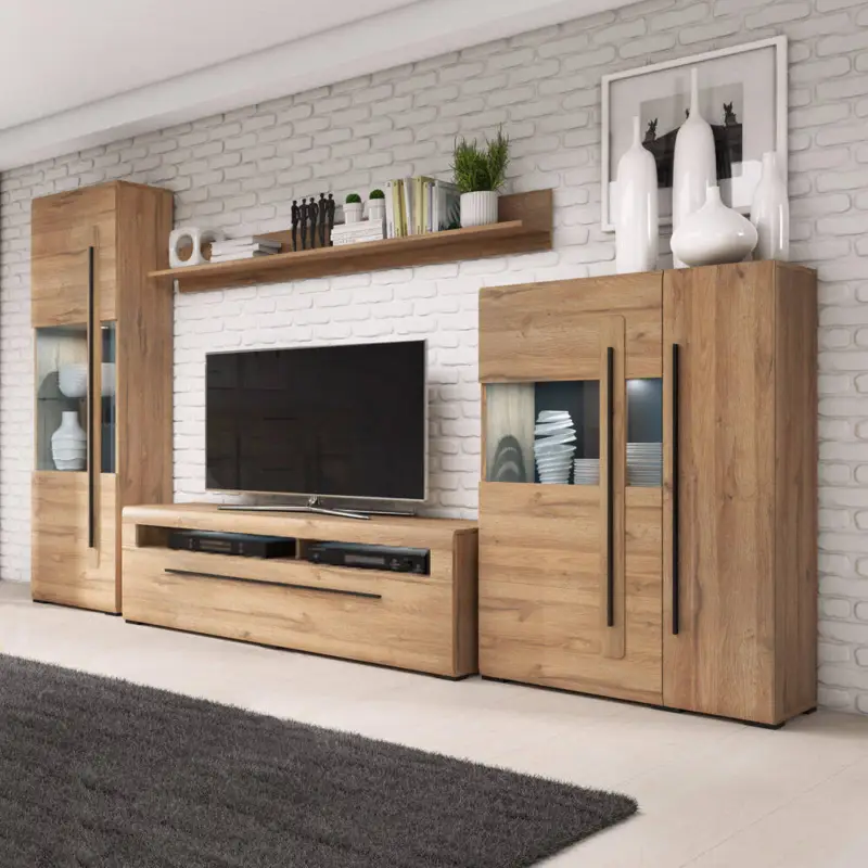 Fernsehwand Eiche Grandson Nb. TURDA-83 mit LED Beleuchtung und Absetzungen in schwarz, B/H/T: ca. 340/204/50 cm Billig