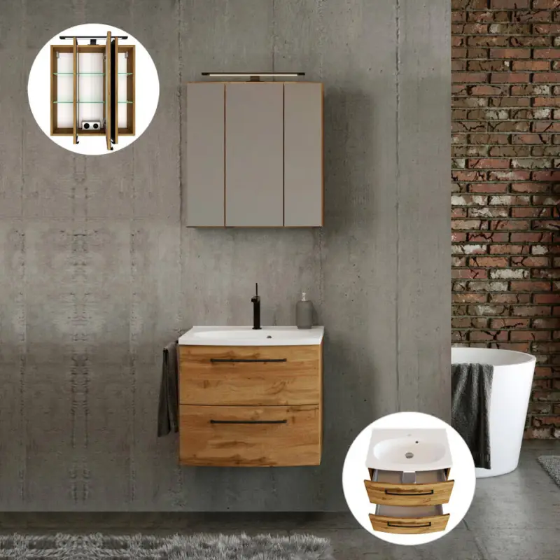 Zertifiziert Waschtisch mit Spiegelschrank 60 cm breit in Wotan Eiche Nb. inkl. Waschbecken, B/H/T: ca. 60/200/45 cm