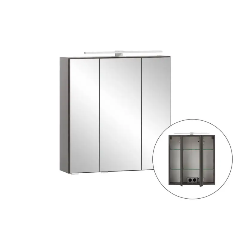 3D-Spiegelschrank 60 cm breit VIDAGO-03 in graphit mit LED Beleuchtung, B/H/T: ca. 60/64/20 cm Abverkauf