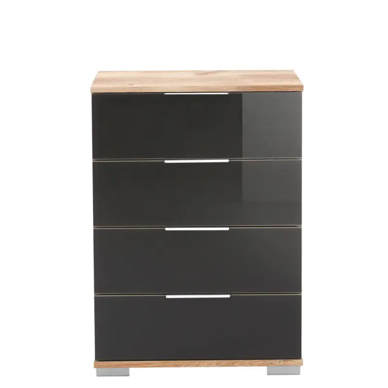 Schlafzimmer Nachttisch Nachtschrank, auch für Boxspringbett geeignet, in Plankeneiche Nb. mit grauem Glas ELSTRA-43, B/H/T ca. 52/74/38 cm Ausverkauf