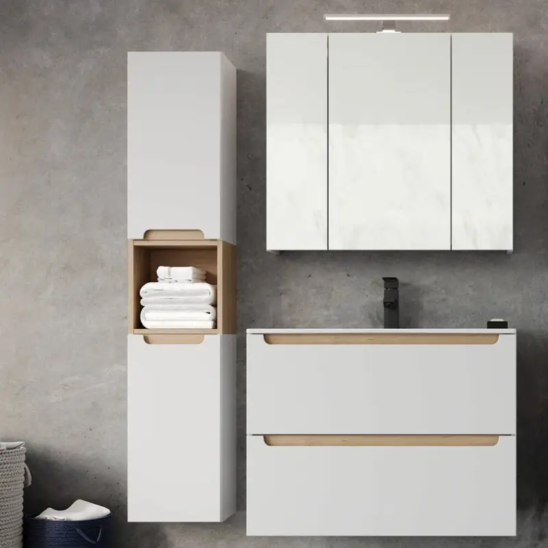 Zertifiziert Badmöbel Waschplatz Set Hochglanz weiß mit Trüffel-Buche SOFIA-107 Keramik-Waschtisch & LED-Spiegelschrank, B/H/T ca. 120/200/46 cm