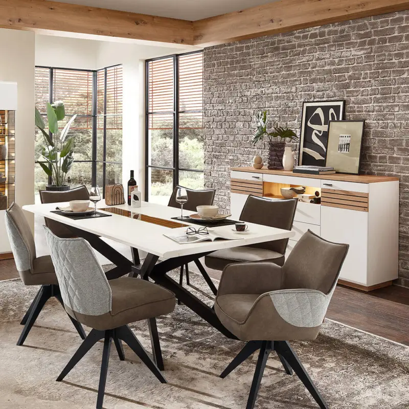 Ausverkauf Esszimmer Set, weiß mit Eiche, FALLON-55, modern, 2-teilig, inkl. Beleuchtung