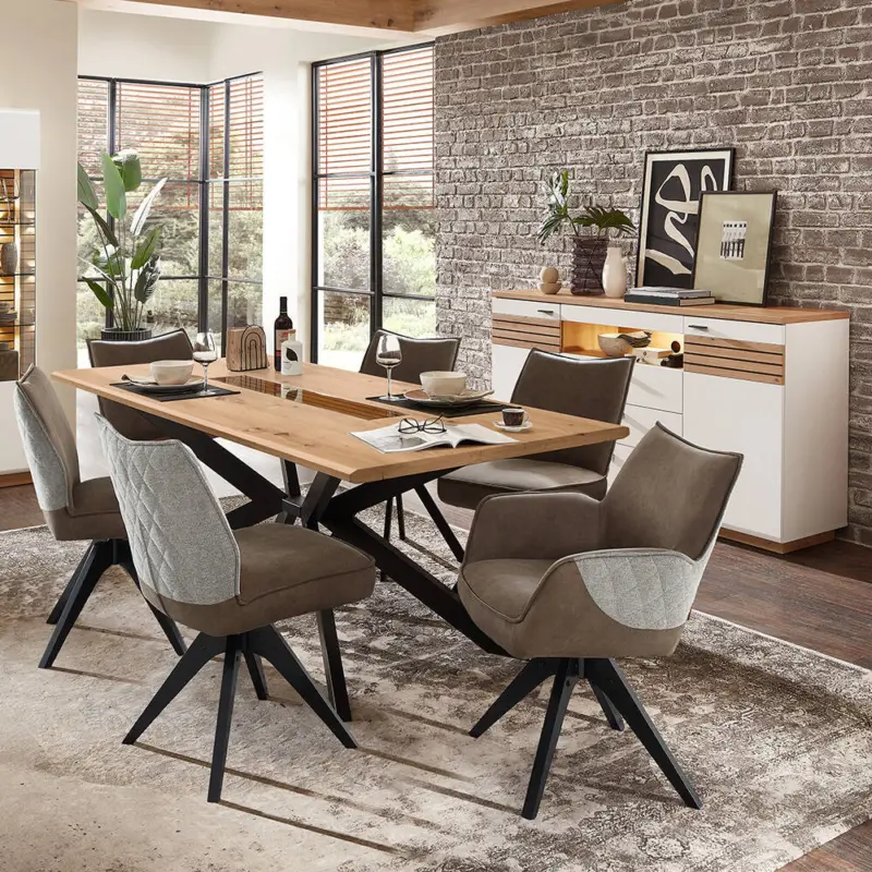 Esszimmer Set, weiß mit Eiche, FALLON-55, modern, 2-teilig, inkl. Beleuchtung Super-Preis