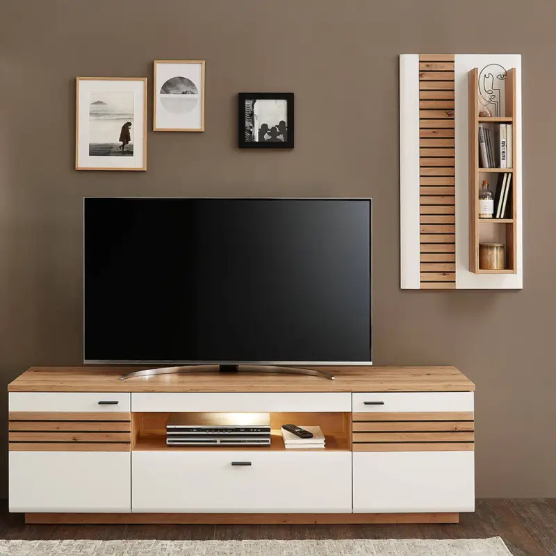 Wohnwand, weiß mit Eiche, FALLON-55, modern, 2-teilig, inkl. Beleuchtung Saisonangebot