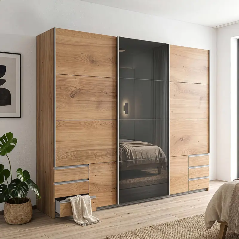 Bestseller Schlafzimmer Schwebetürenschrank mit 270 cm Breite in Eiche und graphit, mit 6 Schubladen & Glasschiebetür - VIESTE-43