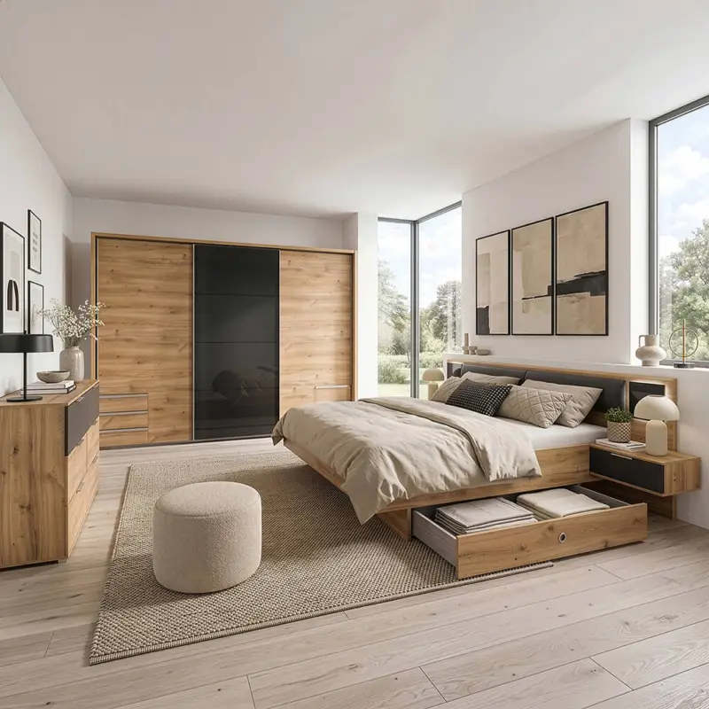 Schlafzimmer-Set mit 180x200 cm Doppelbett & 273 cm Schwebetürenschrank, 5-teilig, mit Glasschwebetür, Kopfteilpolster & beleuchteten Glaspaneelen - VIESTE-43 Neue Ware