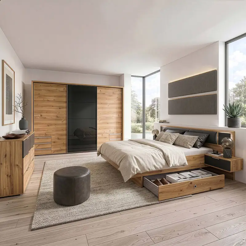 Zertifiziert Schlafzimmer-Set mit 160x200 cm Doppelbett & 273 cm Schwebetürenschrank, 5-teilig, mit Glasschwebetür, Kopfteilpolster & beleuchteten Glaspaneelen - VIESTE-43