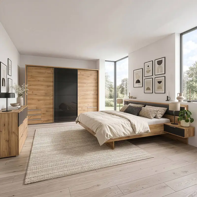 Direkt Vom Hersteller Schlafzimmer-Set mit 180x200 cm Doppelbett & 273 cm Schwebetürenschrank, 3-teilig, mit Glasschwebetür, Kopfteilpolster & beleuchteten Glaspaneelen - VIESTE-43