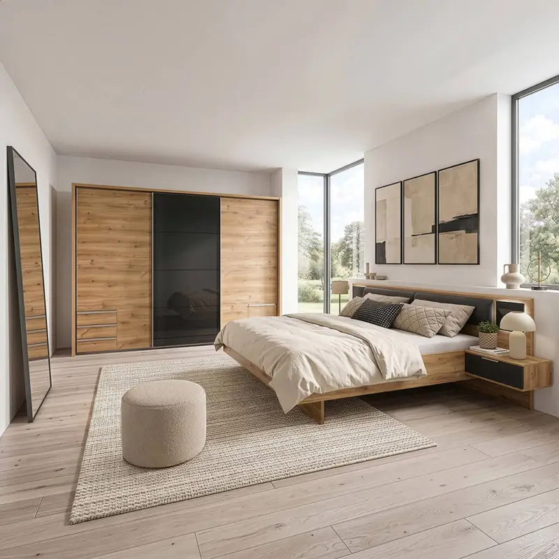 Abverkauf Schlafzimmer-Set mit Doppelbett & 273 cm Schwebetürenschrank, 2-teilig, mit Glasschwebetür, Kopfteilpolster & beleuchteten Glaspaneelen - VIESTE-43