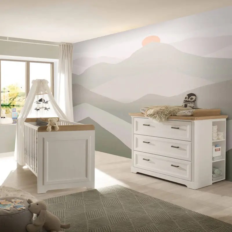 Babygitterbett mit Wickelkommode, Landhausstil, Pine weiß mit Eiche JASPER-78 Günstig