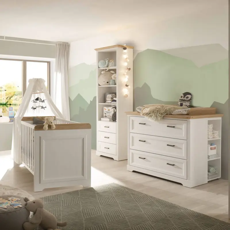 Babyzimmer Set 3-teilig, Landhausstil, Pine weiß mit Eiche JASPER-78 Must-Have