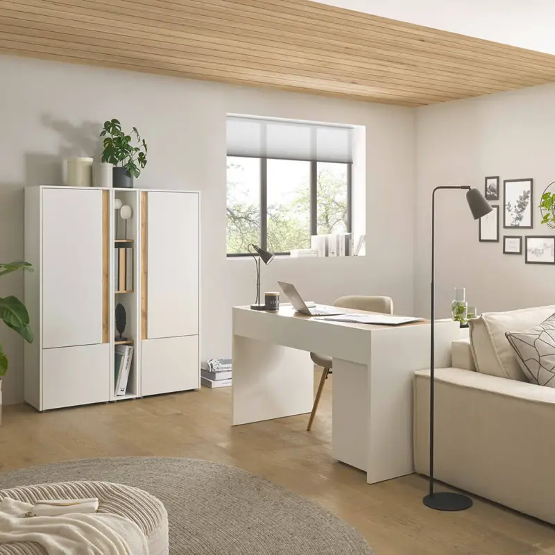 Zertifiziert Büromöbel Set weiß mit Eiche CRISP-61 modern 6-teilig mit Schreibtisch