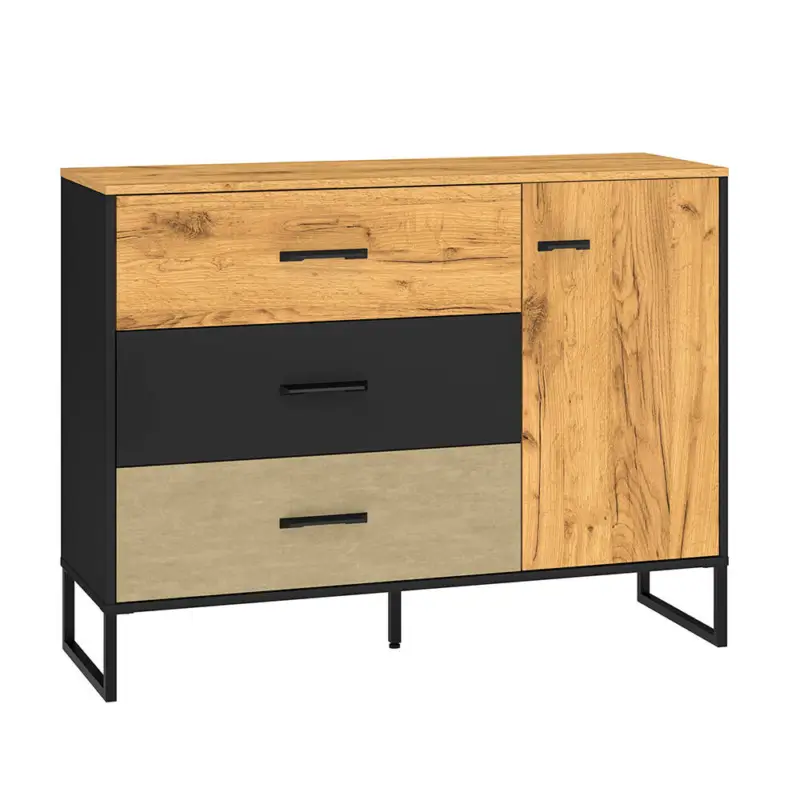 Abverkauf Sideboard 120cm, schwarz mit Eiche und sandfarben, CASPER-131