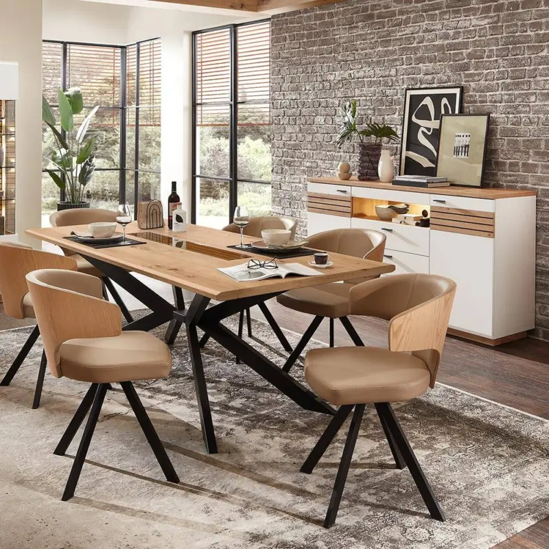 Zertifiziert Esszimmer Set, weiß mit Eiche, FALLON-55, modern, 2-teilig, optional inkl. Beleuchtung
