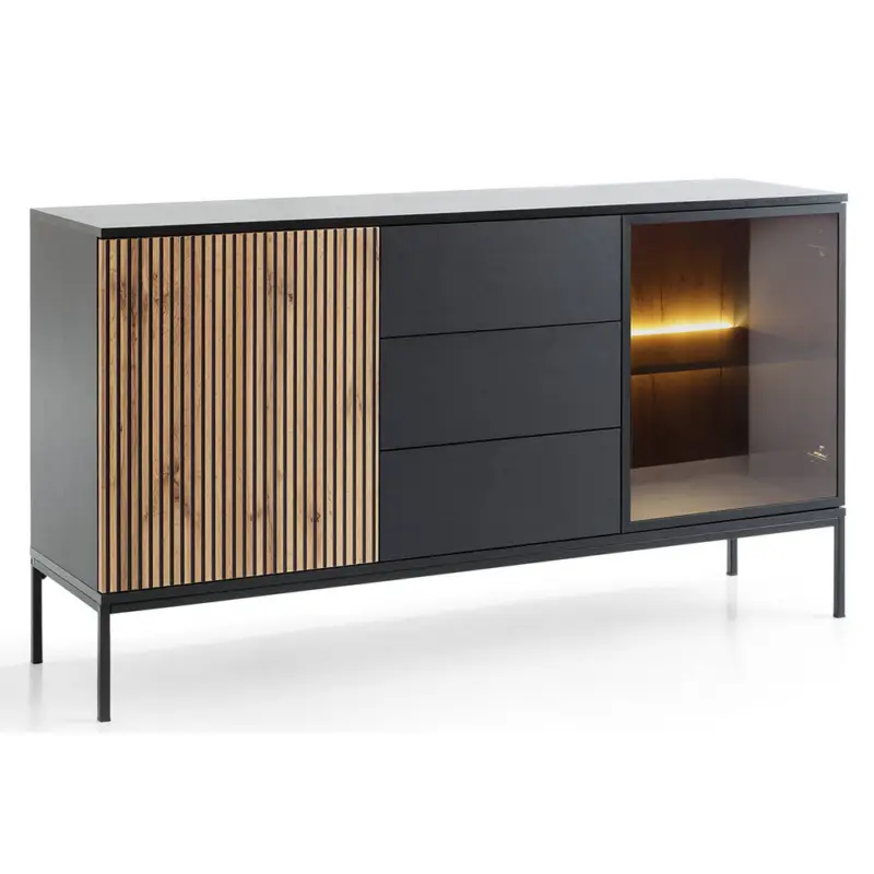 Aktuell Wohnzimmer Sideboard mit Beleuchtung in schwarz mit Wotan Eiche SIBARI-160