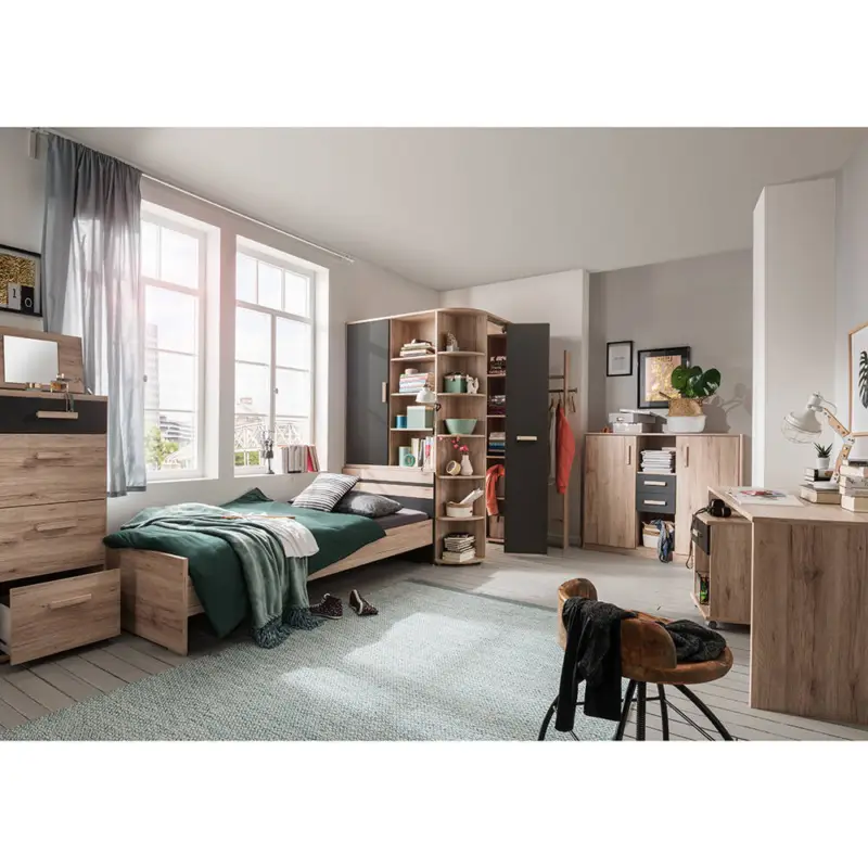 Sofort Bestellen Jugendzimmer Set 7-teilig mit 90x200 cm Bett in Eiche mit graphit CANTON-43