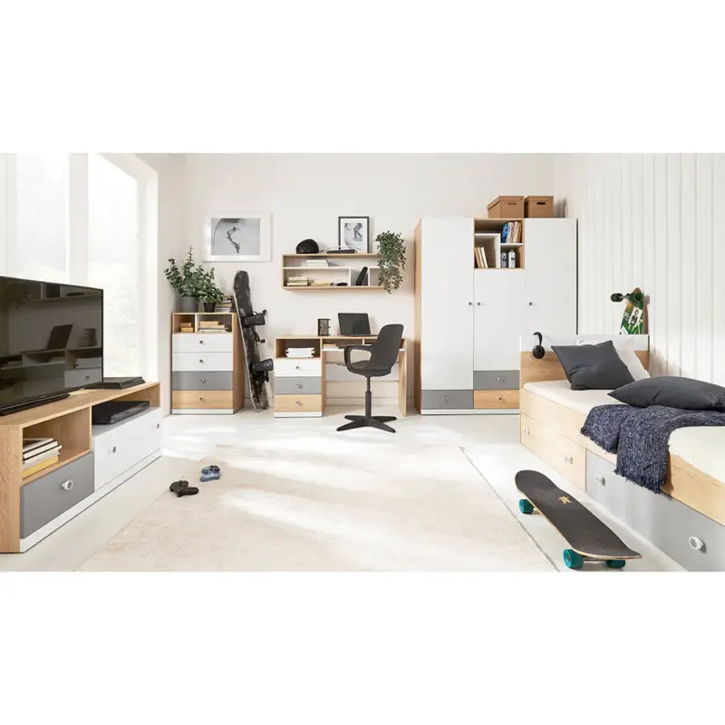 Jugendzimmer Set in Eiche mit weiß und grau PINETO-133, 6-teilig, inkl. Schreibtisch und 90x200cm Bett Kracherpreis