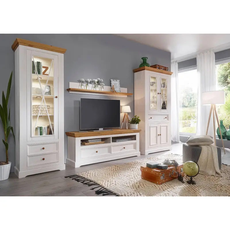 Markenprodukt Wohnwand in Kiefer weiß mit Eiche im Landhausstil WARNA-69