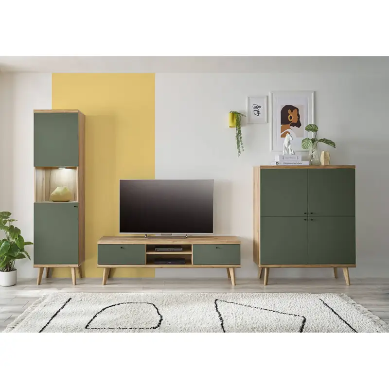 Neu Im Sortiment TV-Wand in Eiche mit grün AVEZZANO-61 Modern 3-teilig, inkl. Beleuchtung