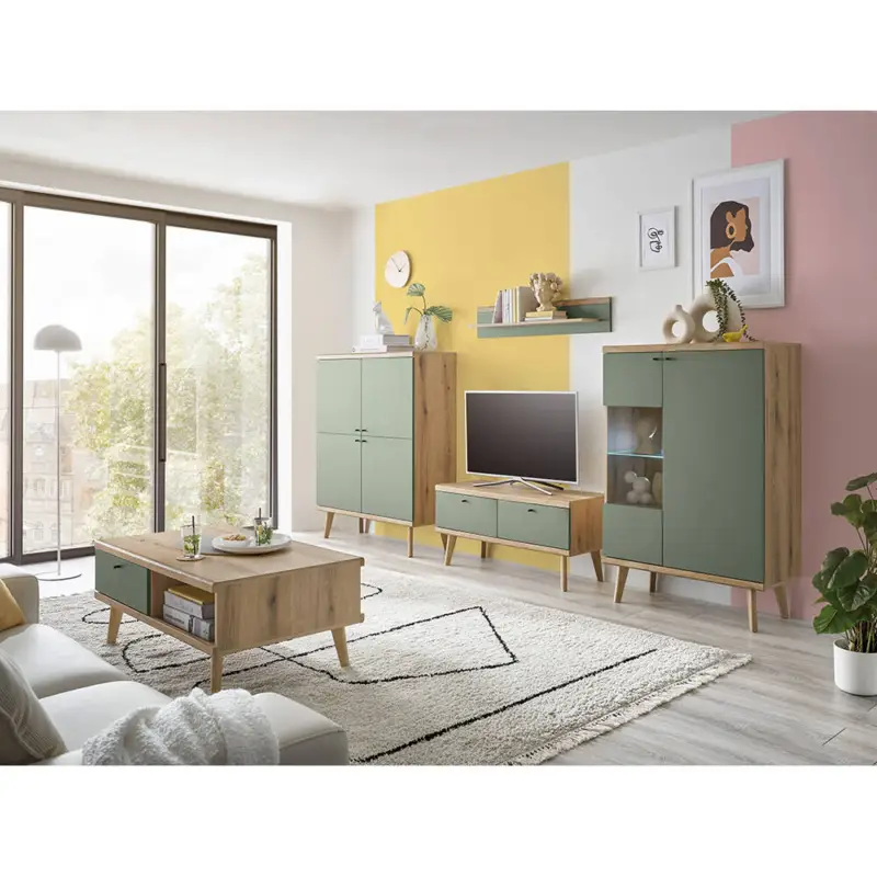 Abverkauf Wohnzimmer komplett Set in Eiche mit grün AVEZZANO-61 Modern 5-teilig, inkl. Beleuchtung