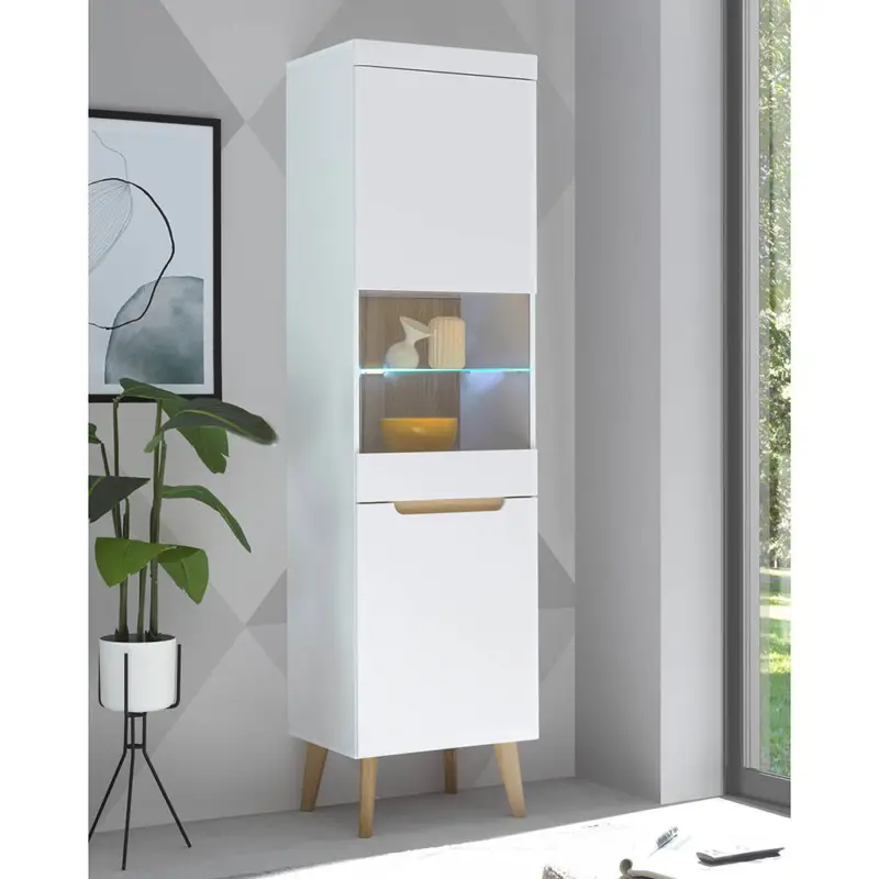 Heißes Angebot Wohnzimmer Vitrine in Weiß Matt mit Eiche STOCKTON-61 inkl. Beleuchtung