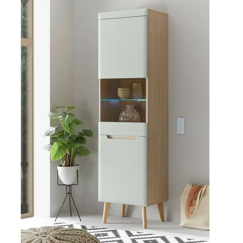 Abverkauf Wohnzimmer Vitrine in Grün Matt mit Eiche STOCKTON-61 inkl. Beleuchtung