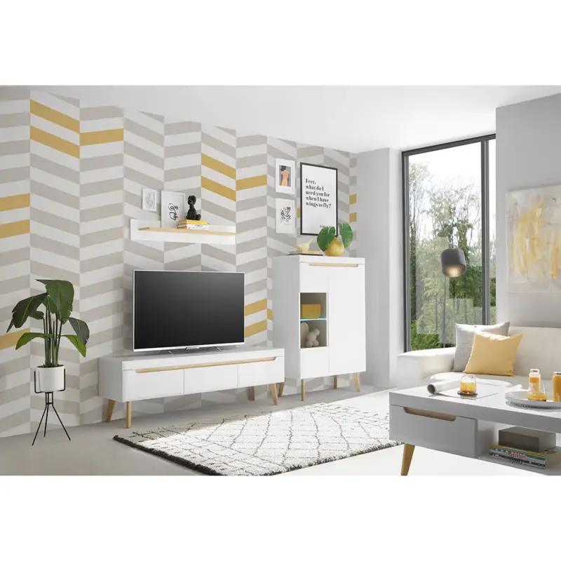 Kracherpreis Wohnzimmer Möbel in Weiß Matt mit Eiche STOCKTON-61, 4-teilig inkl. Couchtisch