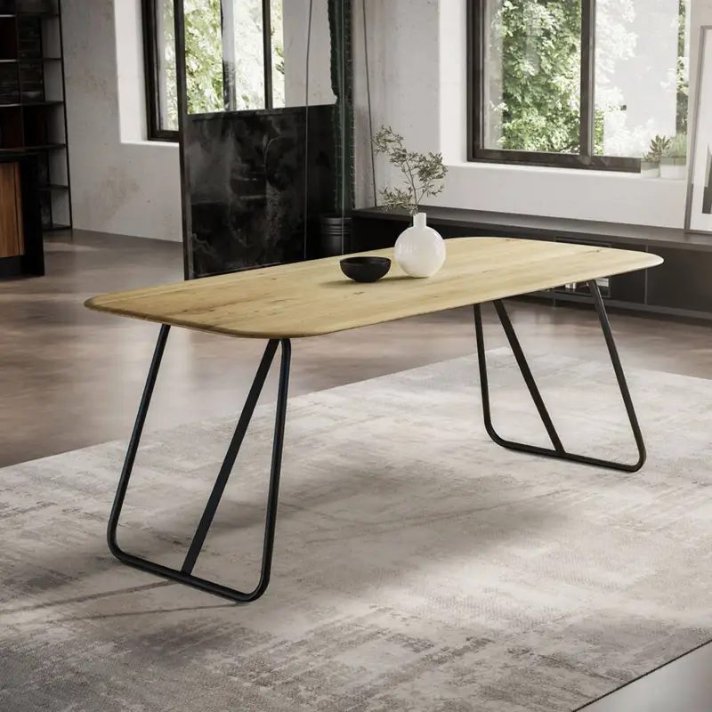 Esstisch 180x90cm mit runder Kante, Wildeiche massiv geölt, Metallfußgestell, TISDALE-69 Abverkauf