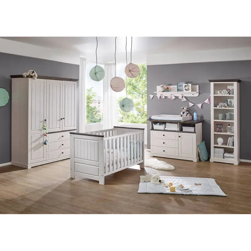 Babyzimmer komplett Set Kiefer weiß mit grau JAANIKA-69, 5-teilig Sonderangebot