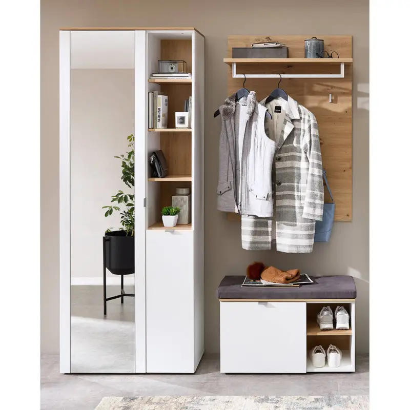 Garderoben Set modern 3-teilig weiß matt mit Eiche BLISS-36, inkl. Sitzpolster Preisknaller