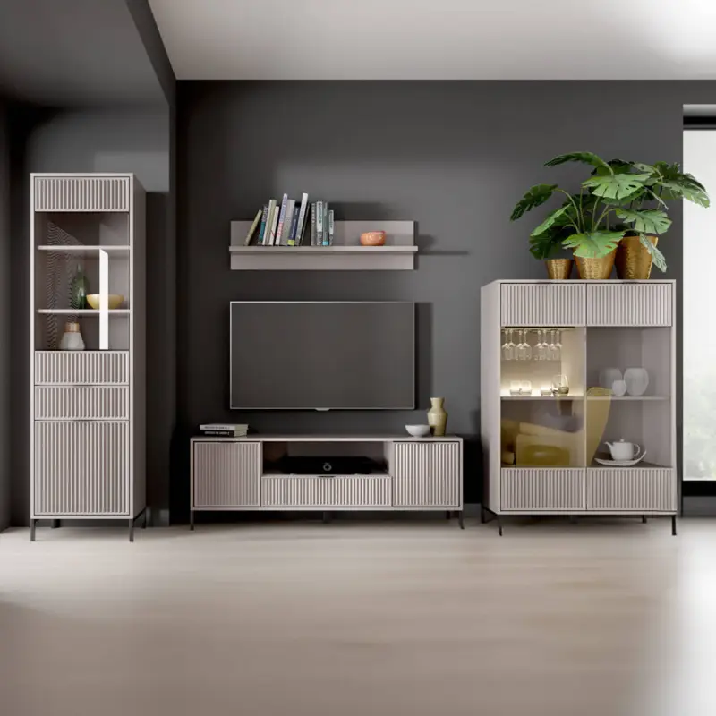 Kracherpreis Wohnwand Kaschmir beige LAURO-161 modern mit Rillenoptik 4-teilig