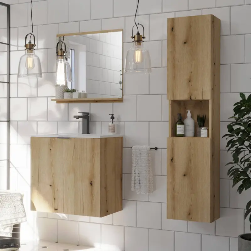 Schneller Versand Badmöbel Set 3-teilig, 50cm Waschtisch, Eiche, NEWPORT-56-OAK